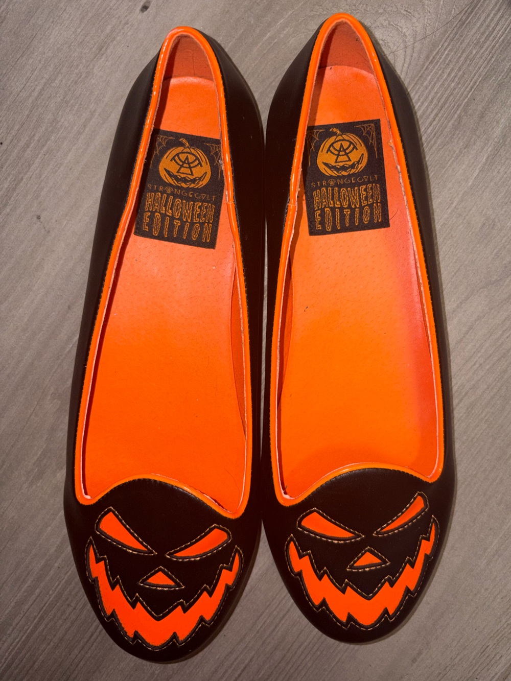 Strange Cvlt Jack O Lantern Pumkim Women's Black Flats with Orange Lining